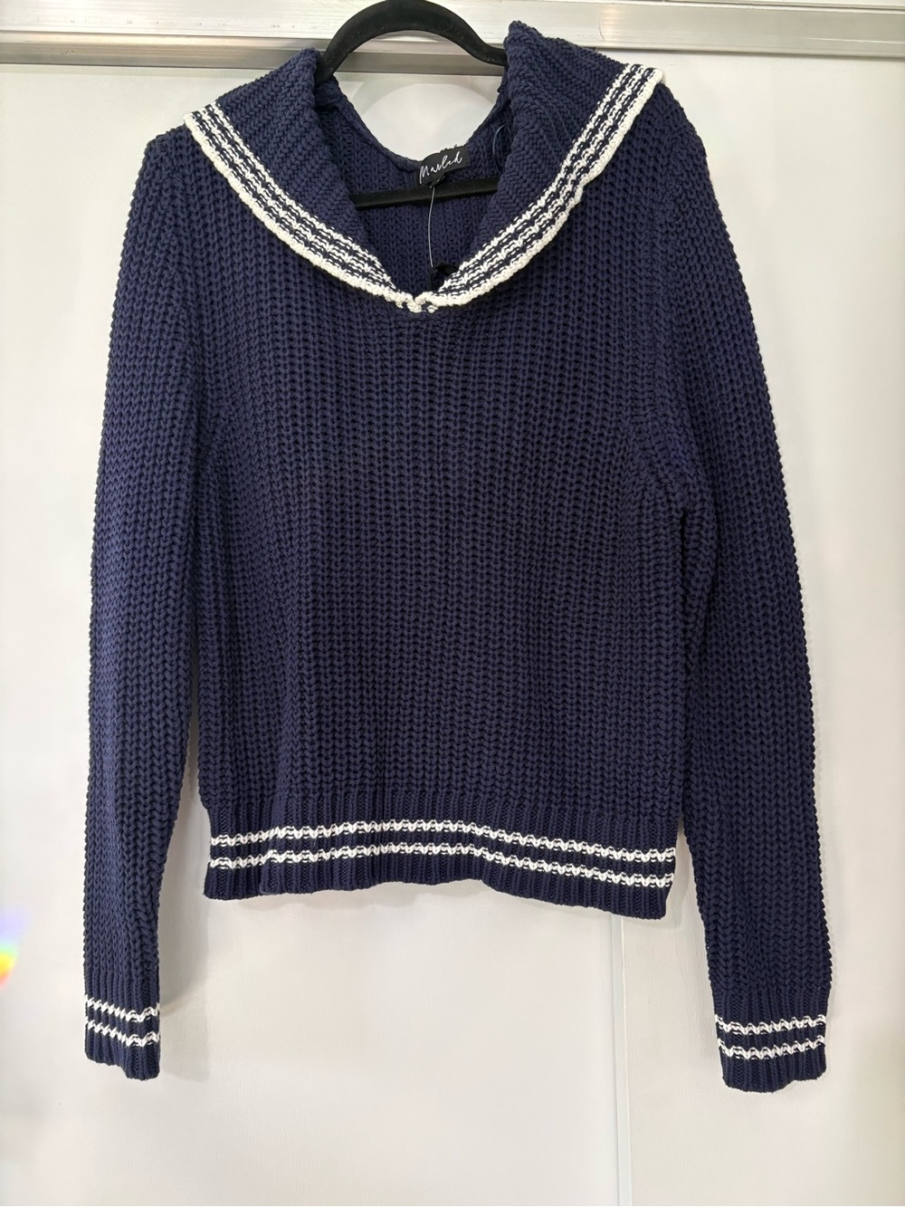 NWT Marled size Medium Nautical-Style Navy Cotton Anchor Sweater with White Trim